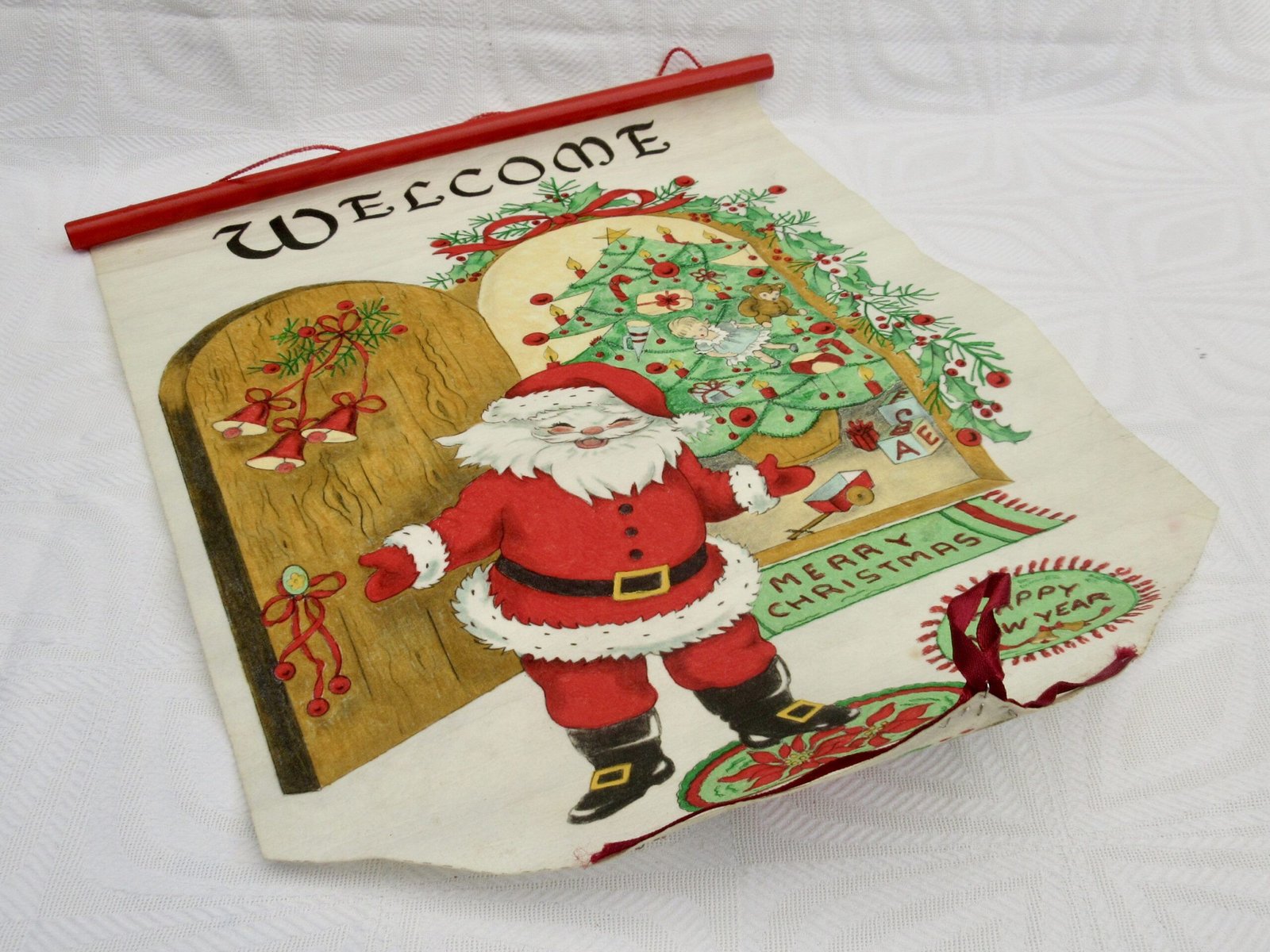 Vintage Christmas Decorations Santa Welcome Door Hanging Parchment Scroll - Image 2