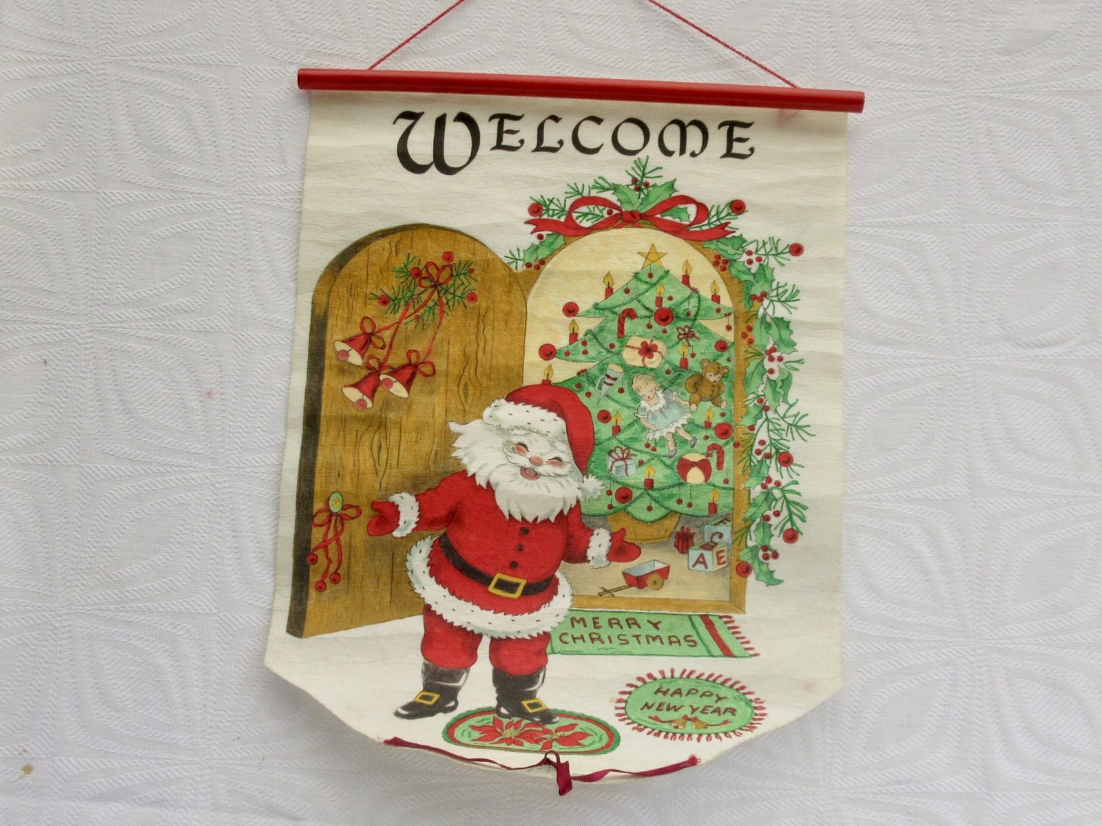 Vintage Christmas Decorations Santa Welcome Door Hanging Parchment Scroll Image
