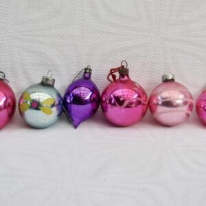 Vintage Mercury Glass Christmas Baubles x6 Teardrop Pink Purple Image
