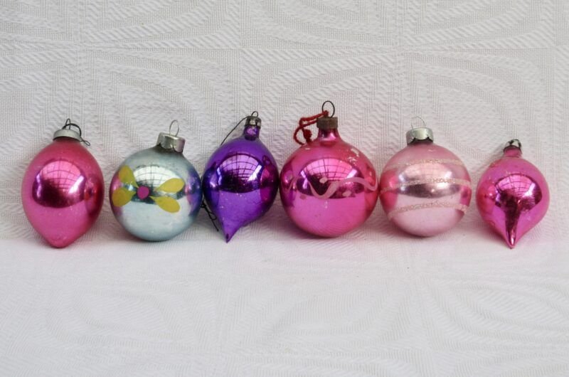 Vintage Mercury Glass Christmas Baubles x6 Teardrop Pink Purple Image