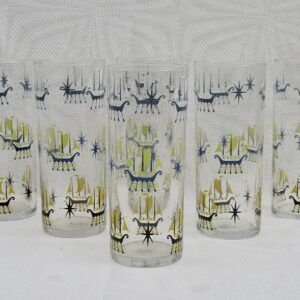 Vintage Hi-Ball Glasses x6 Scandinavian Nordic Viking Ships 1960s Image