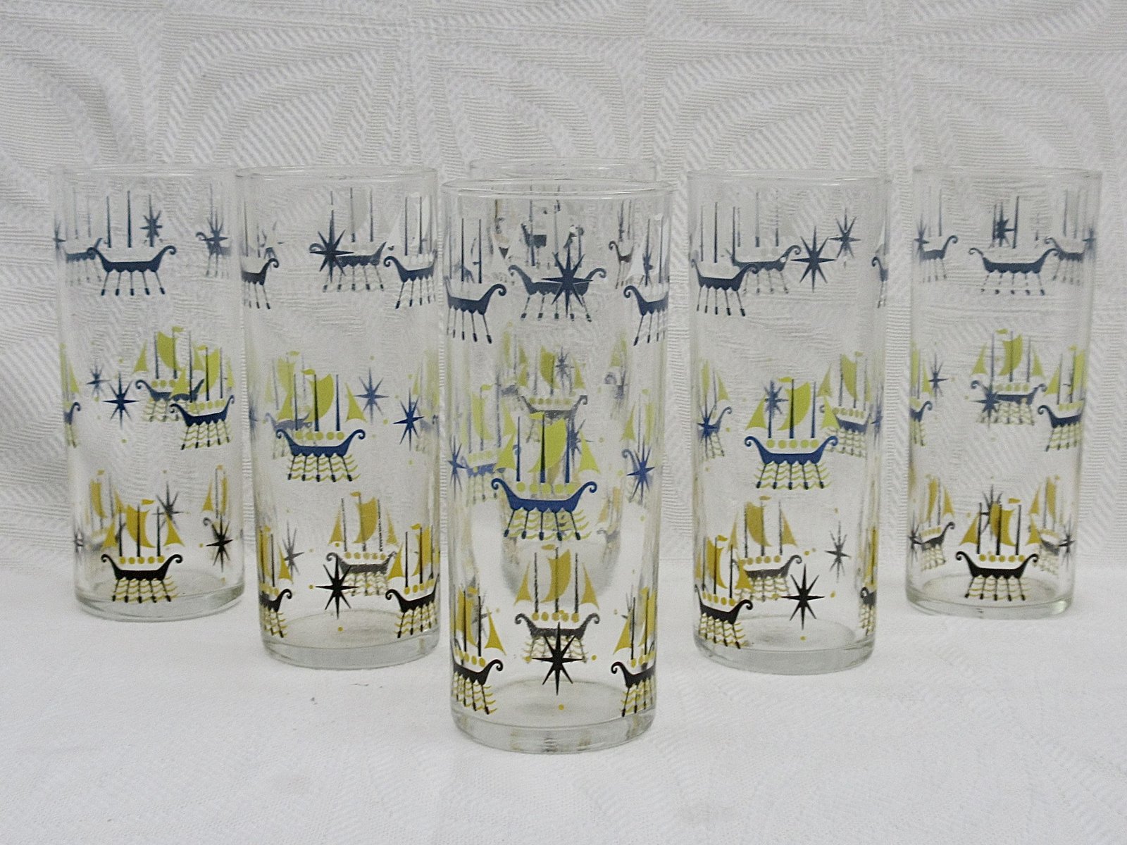 Vintage Hi-Ball Glasses x6 Scandinavian Nordic Viking Ships 1960s Image
