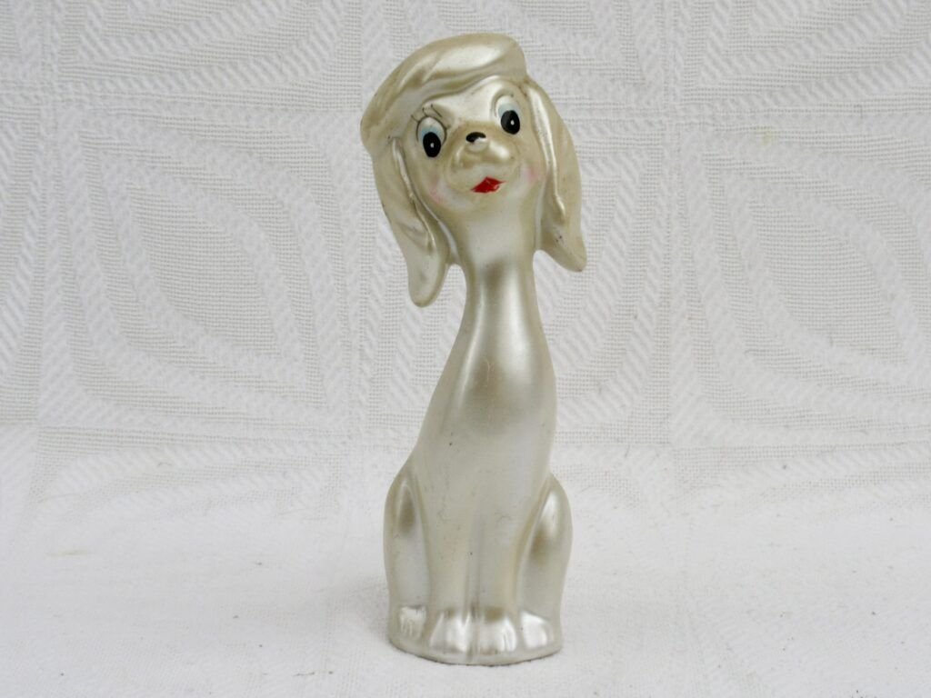 Vintage Lustre Dog Ornament Pearl Ceramic Cartoon Face Sitting 60s 70s Image