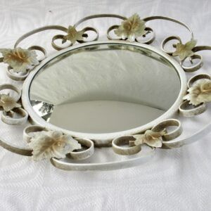 Vintage Round Convex Mirror White Scroll Leaf Frame Mid Century 1960s Image
