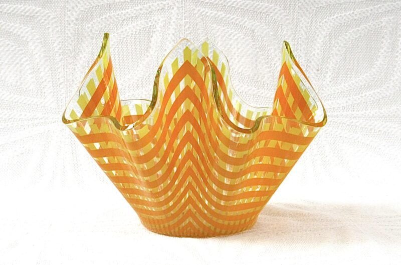 Vintage Handkerchief Vase Orange Gingham Checkered Chance Glass 60s 70s Image