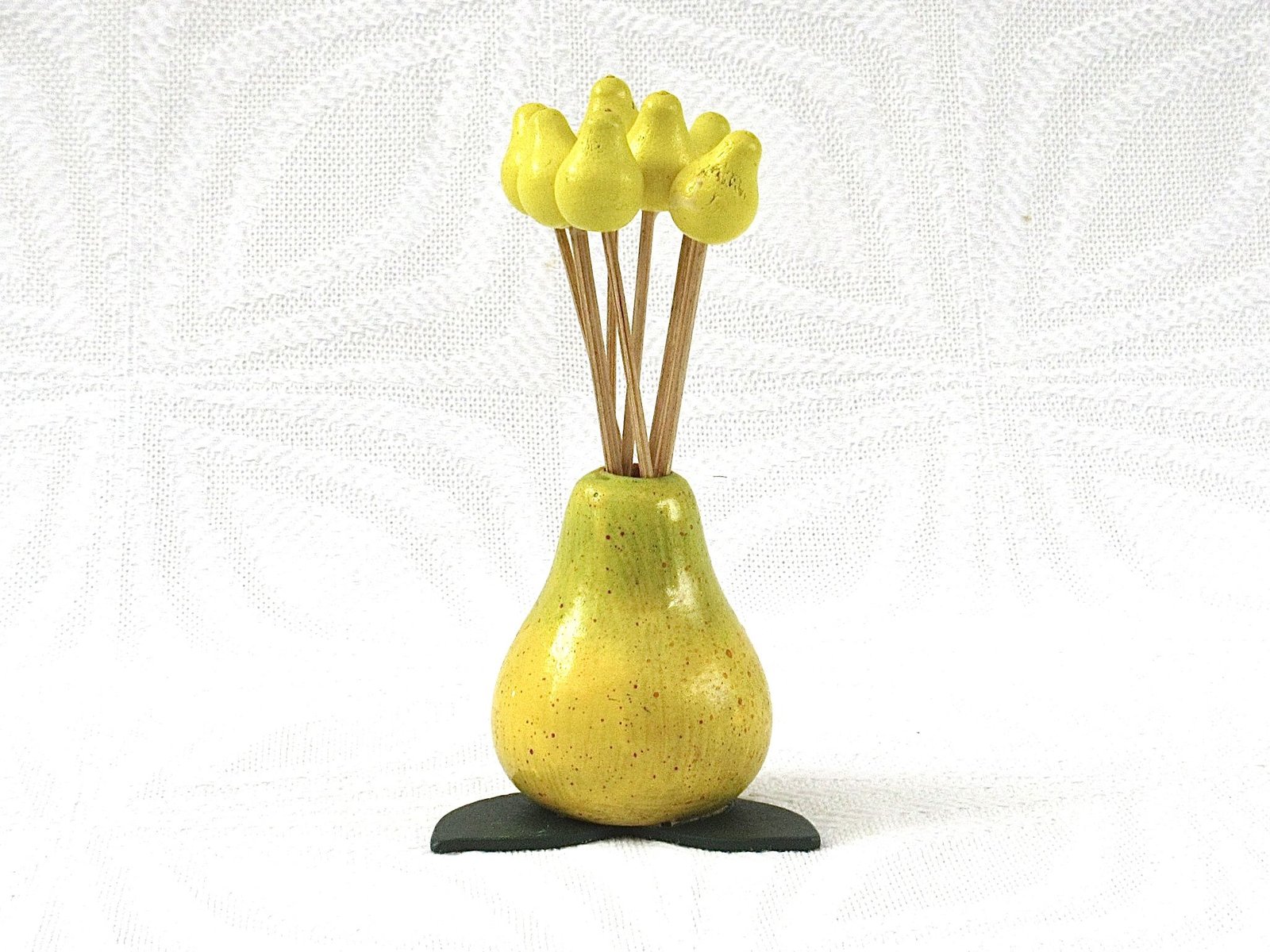 Vintage Kitsch Pear Cocktail Sticks and Holder Food Picks 1960s Image