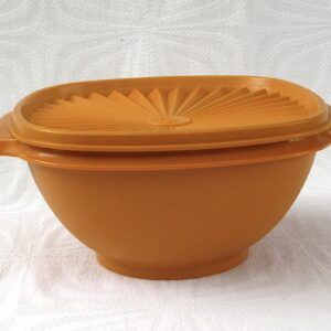 Vintage 1970s Tupperware Harvest Orange Rounded Container Fan Lid Image