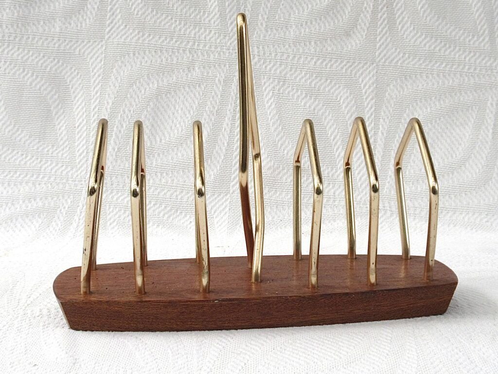 Vintage Wyncraft Toast Rack Brass Teak Mid Century 1960s