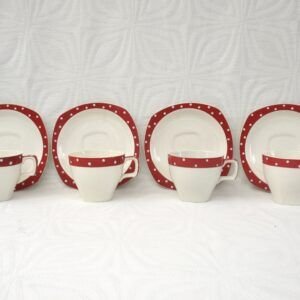 Vintage Midwinter Red Domino x4 Cups & Saucers 50s 60s Image