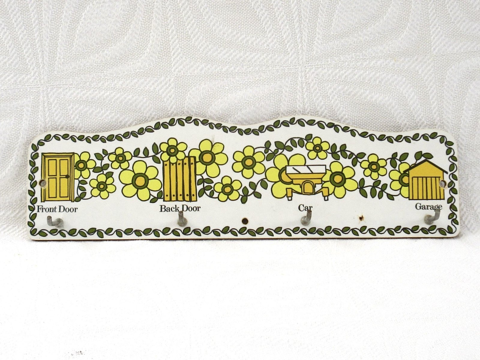 Vintage Taunton Vale Yellow Daisy Melamine Key Hooks Wall Mounted 1970s Image