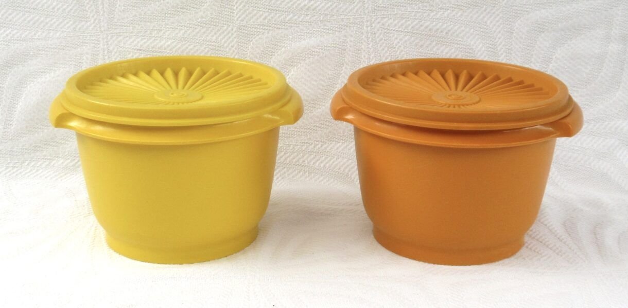 Vintage Tupperware Servalier Bowls x2 Orange Yellow Sunburst Lid 1970s Image
