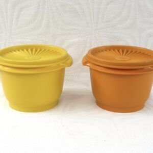 Vintage Tupperware Servalier Bowls x2 Orange Yellow Sunburst Lid 1970s Image