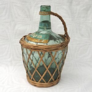 Vintage Spanish Aldea Wine Bottle Demijohn Green Glass Wicker Basket 60s 70s Image