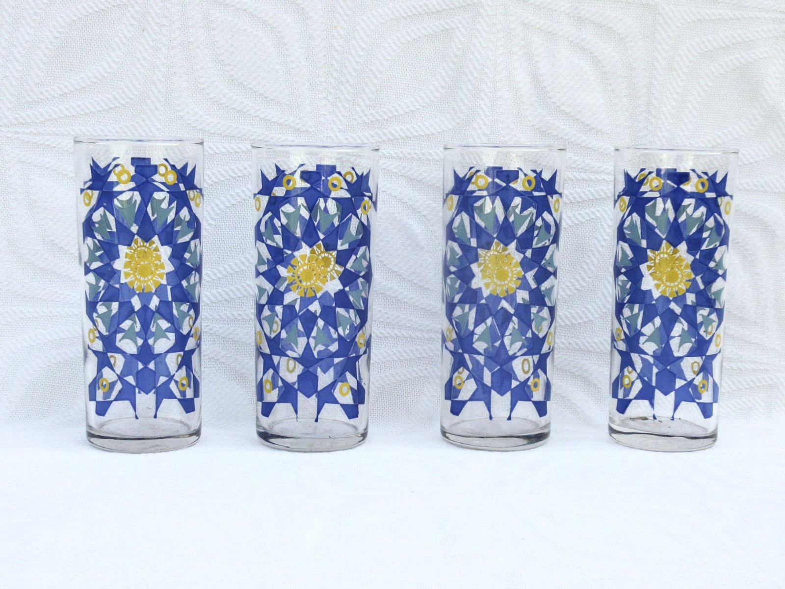 Vintage Hi Ball Glasses x4 Blue Atomic Star Design 60s 70s Image