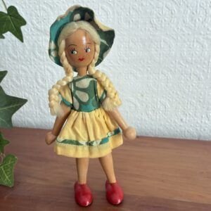 Vintage 1950s Polish Wooden Peg Doll Green Yellow Dress Image