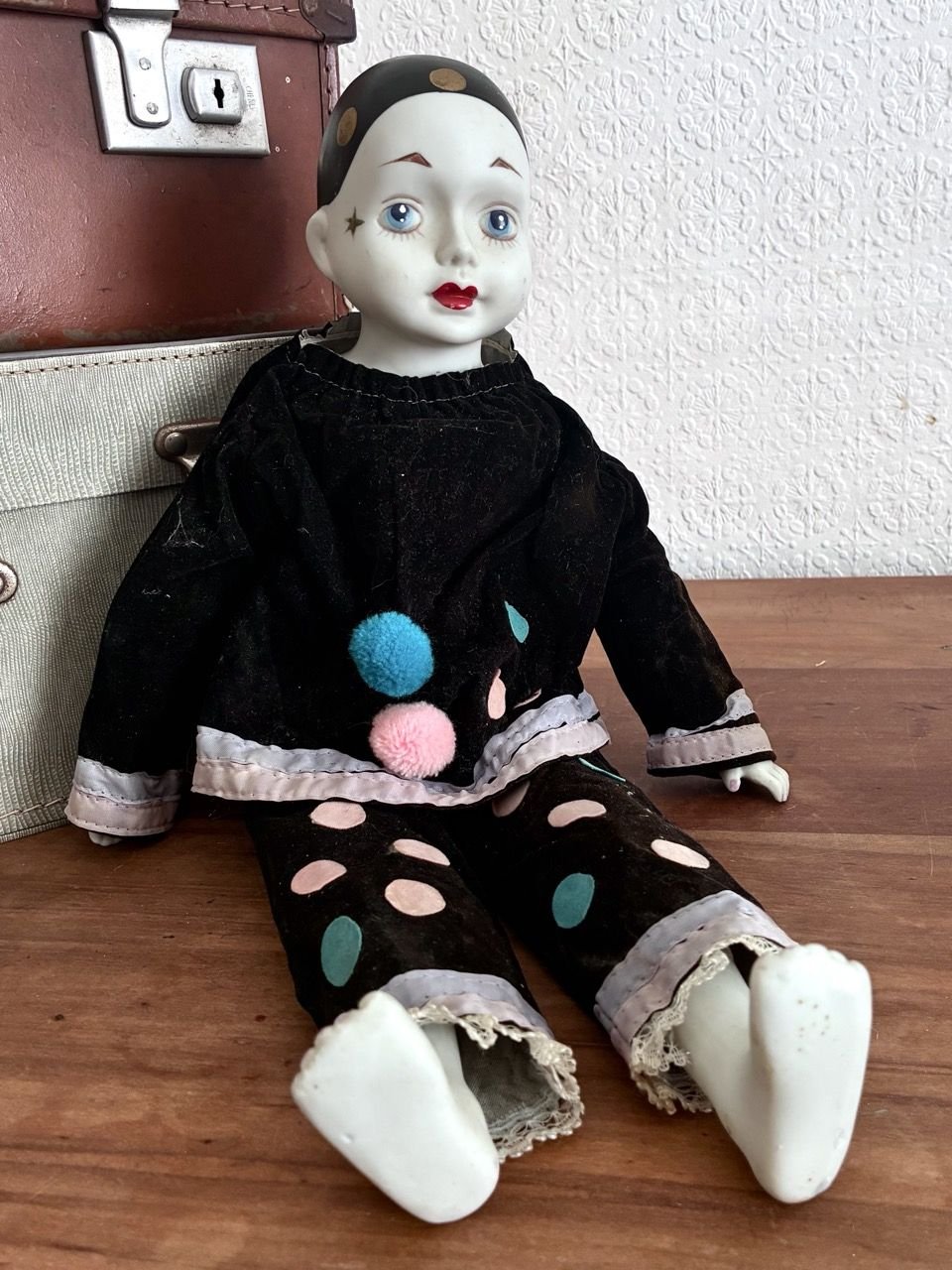 Vintage 80s Pierrot Doll Velvet Pastel Bisque Hands Feet Image