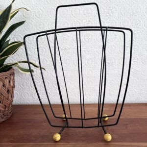 Vintage Atomic Black Wire Magazine Rack Yellow Balled Feet 50s 60s Image