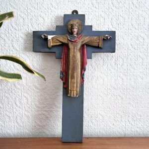 Vintage Chalkware Christ Crucifix Wall Cross Religious Kitsch 1950s Image