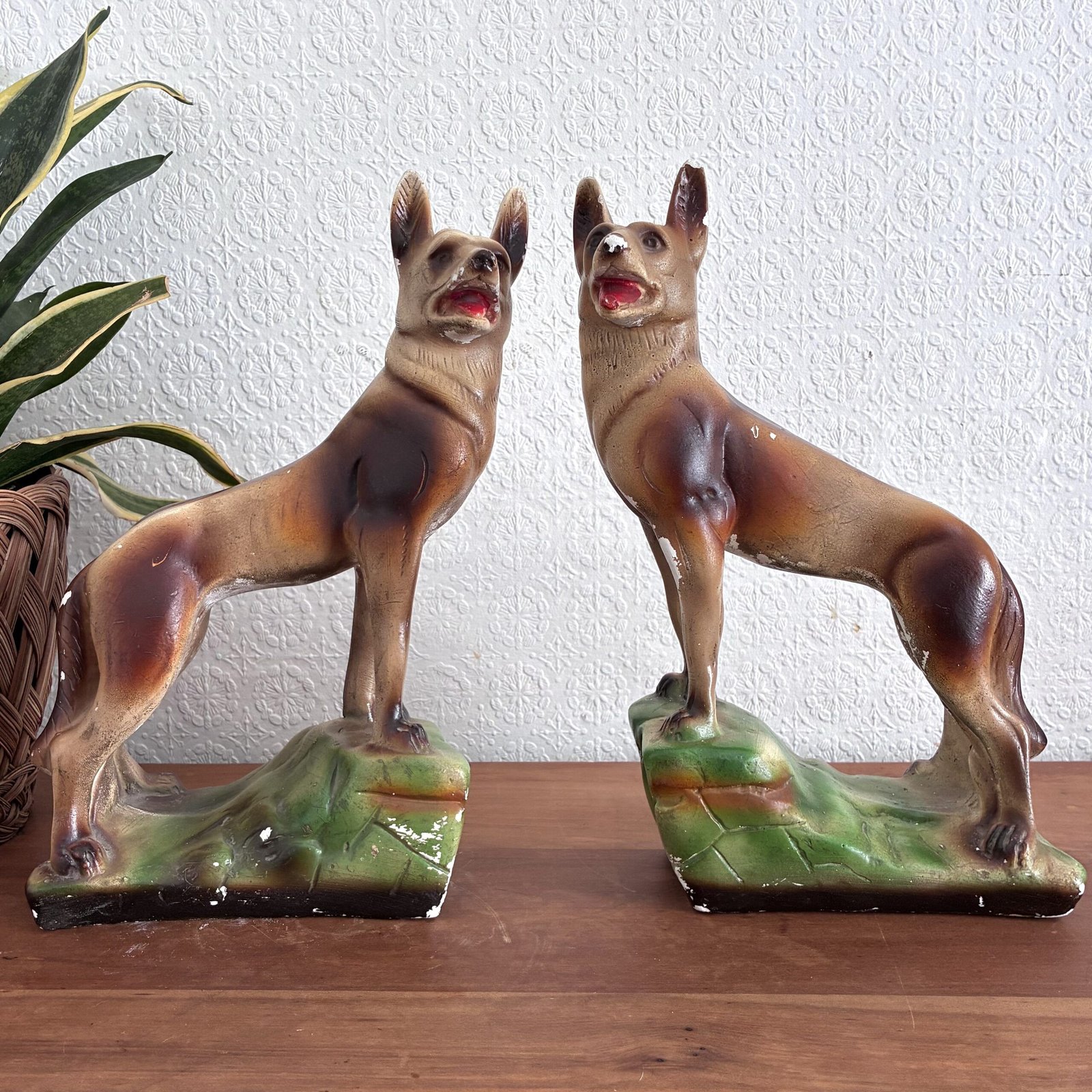 Vintage Chalkware German Shepherd Alsatian Dogs Pair 30s 40s Image