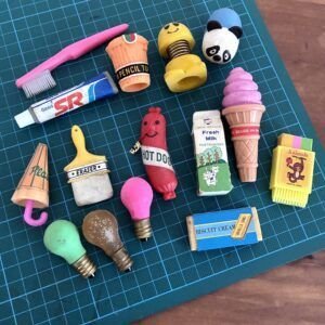 Vintage Collectable Novelty Erasers Premium Bundle Hot Dog Lightbulb Toothpaste 1980s Image