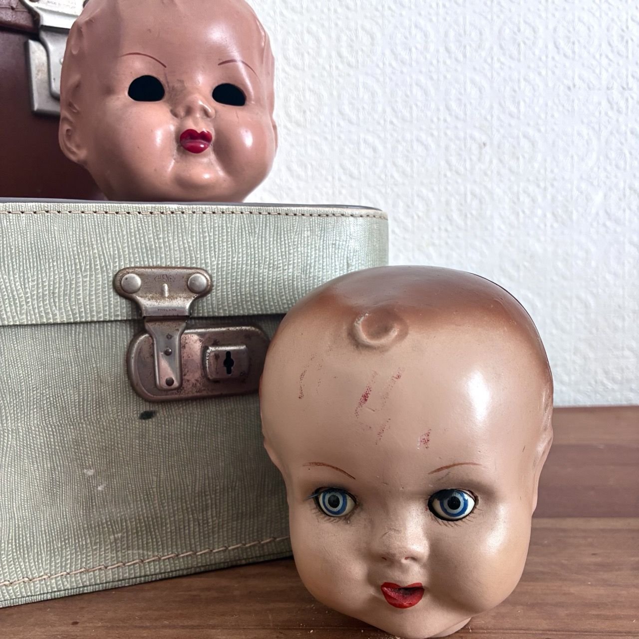 Vintage Composition Baby Dolls Heads Pair Creepy Halloween 40s 50s Image