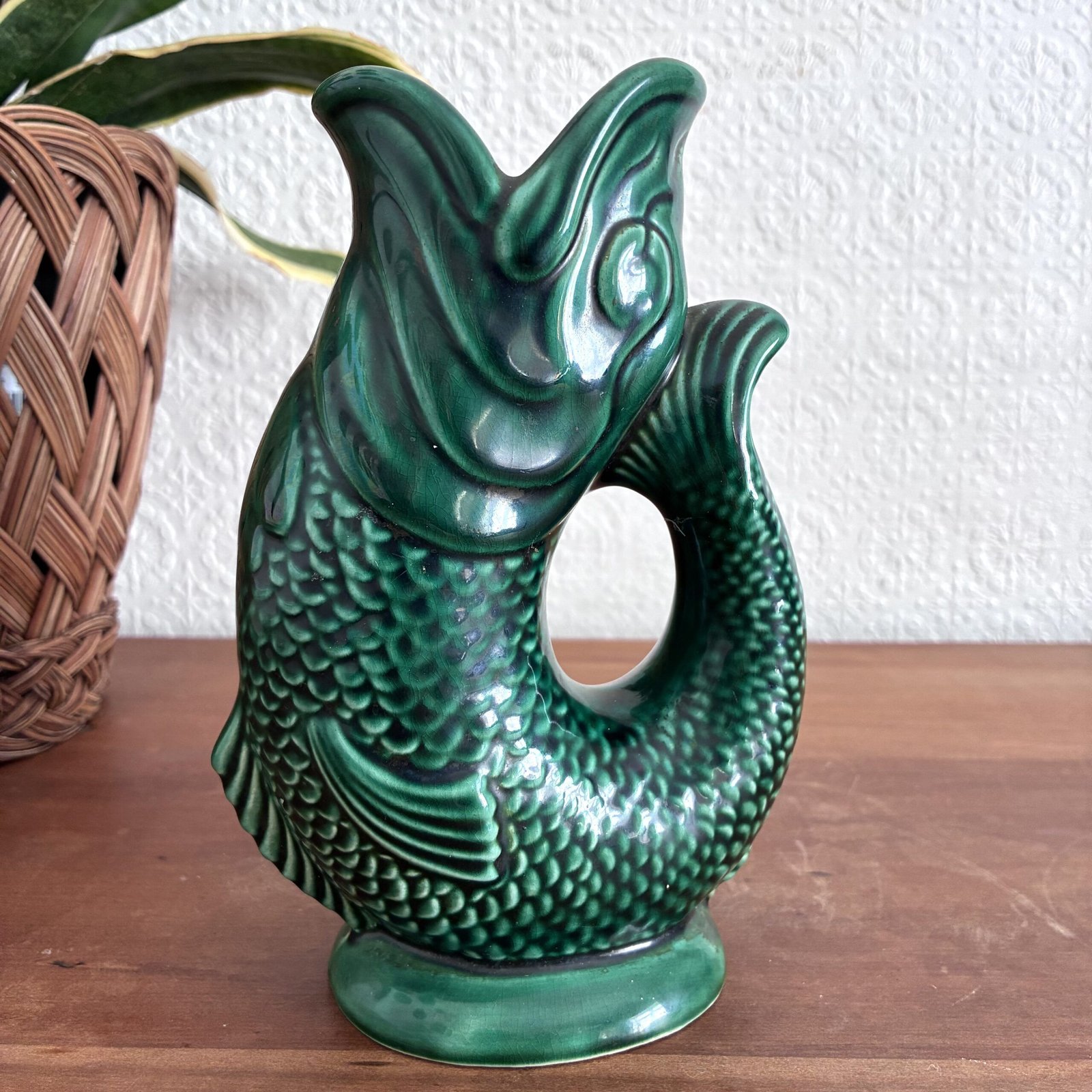 Vintage Fish Glug Jug Dartmouth Pottery Green 7 Inch 50s 60s Image