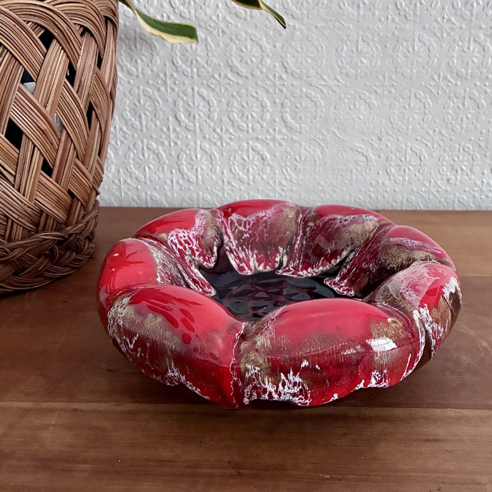 Vintage French Vallauris Pottery Red & Brown Ceramic Ashtray Bowl 60s 70s Image