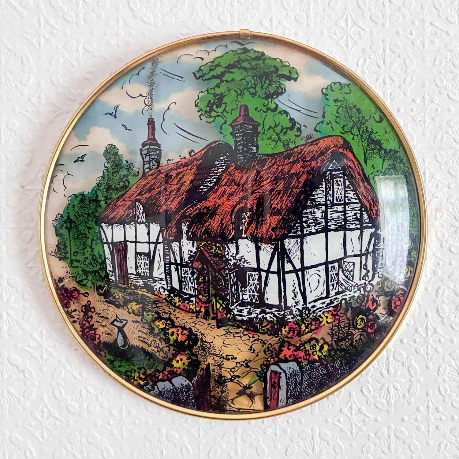 Vintage Reverse Painted Convex Glass Cottage Picture 1960s - Image 3