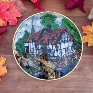 Vintage Reverse Painted Convex Glass Cottage Picture 1960s Image
