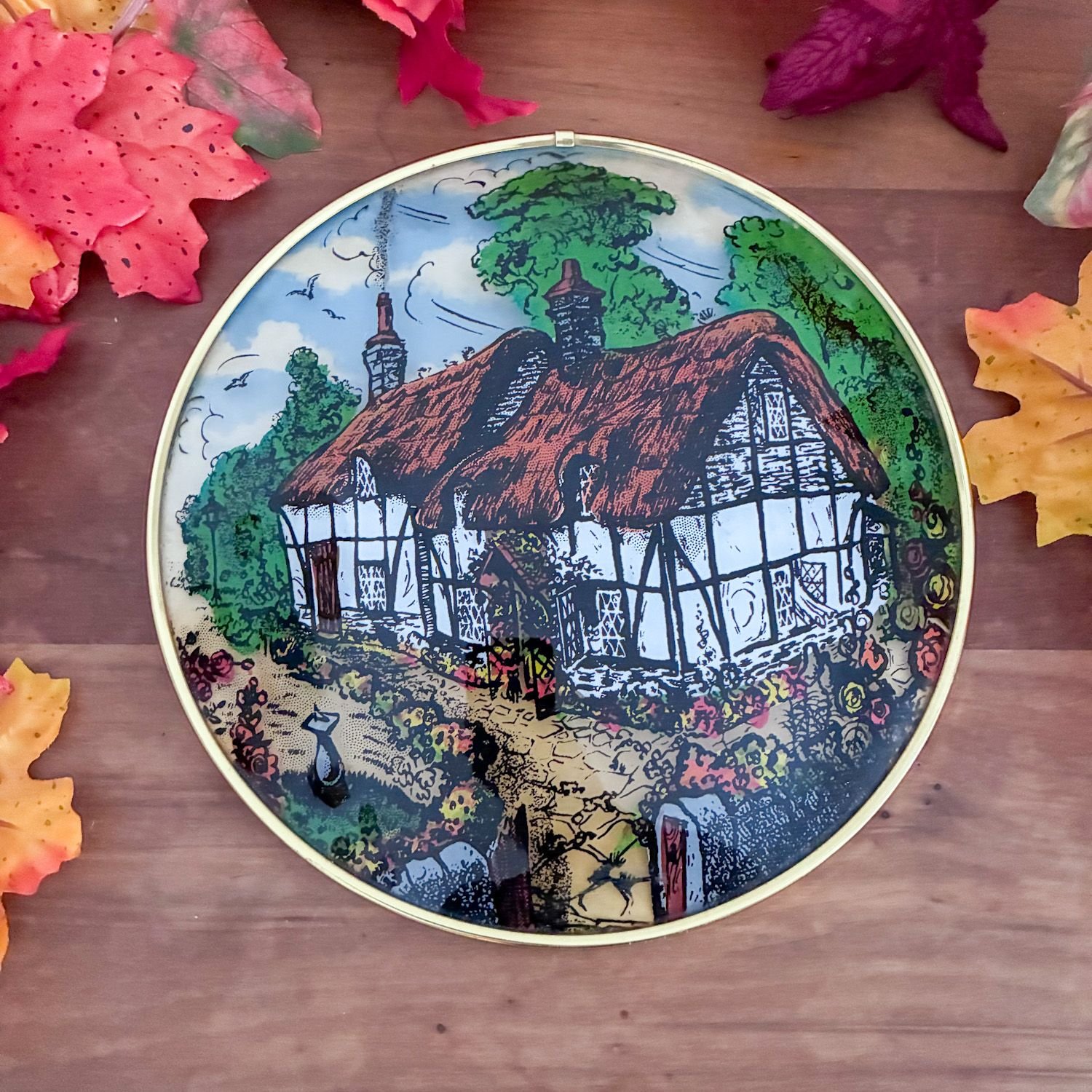 Vintage Reverse Painted Convex Glass Cottage Picture 1960s Image