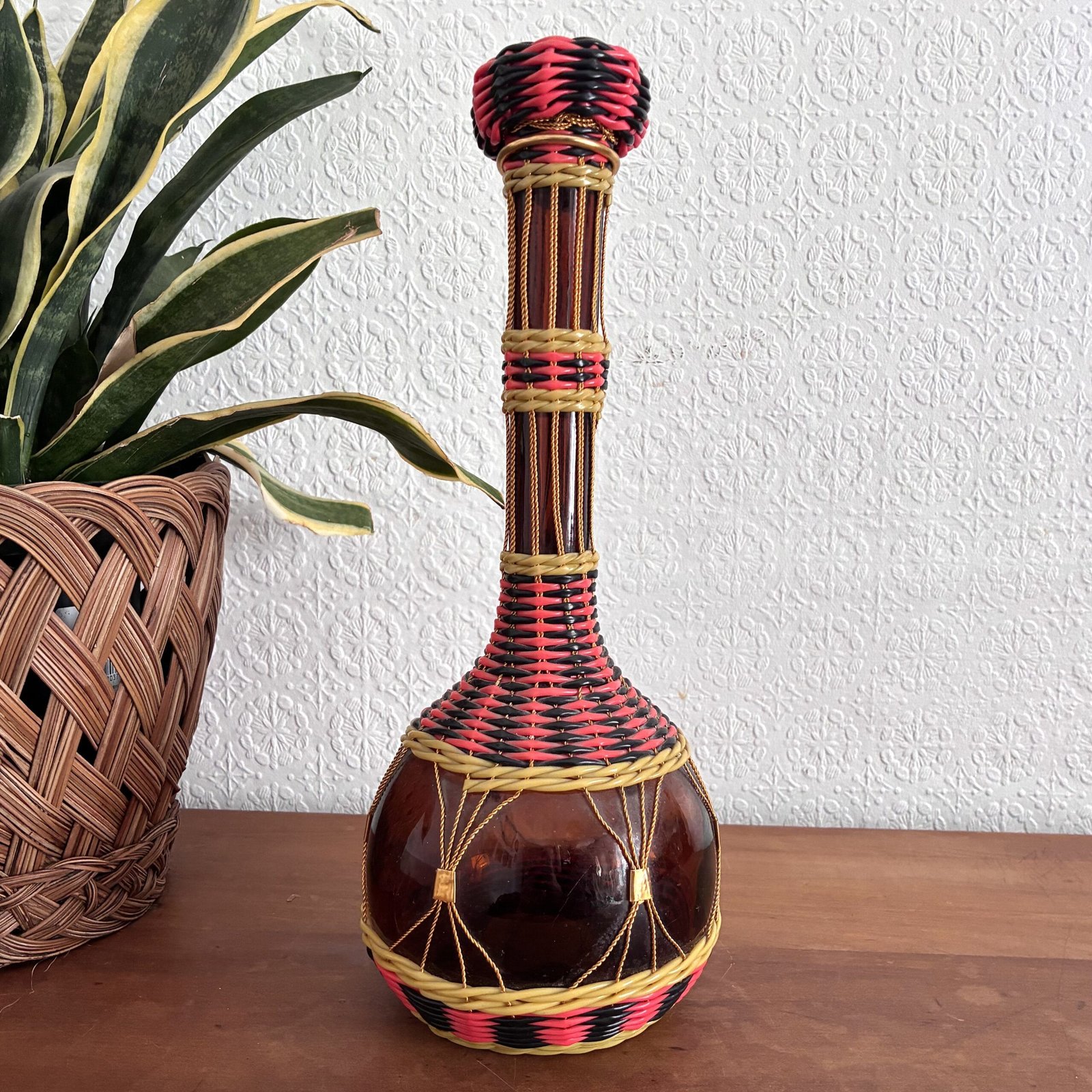 Vintage Spanish Woven Glass Decorative Bottle Decanter Pink Black 60s 70s - Image 2