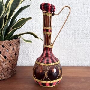 Vintage Spanish Woven Glass Decorative Bottle Decanter Pink Black 60s 70s Image