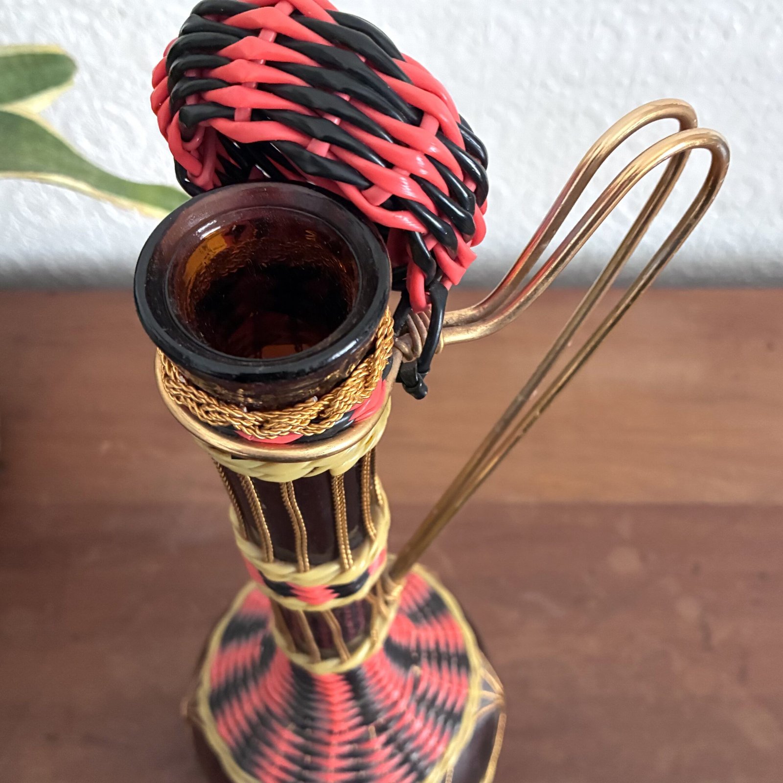 Vintage Spanish Woven Glass Decorative Bottle Decanter Pink Black 60s 70s - Image 5