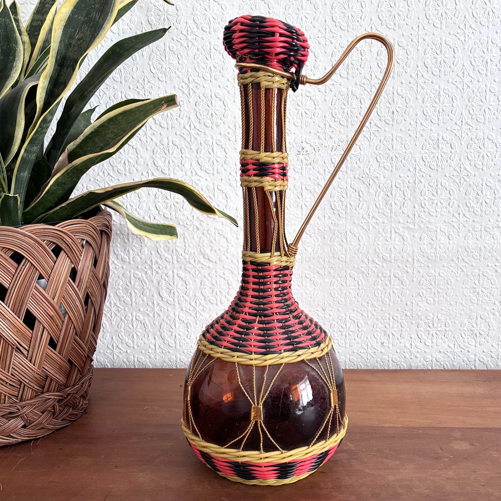 Vintage Spanish Woven Glass Decorative Bottle Decanter Pink Black 60s 70s Image