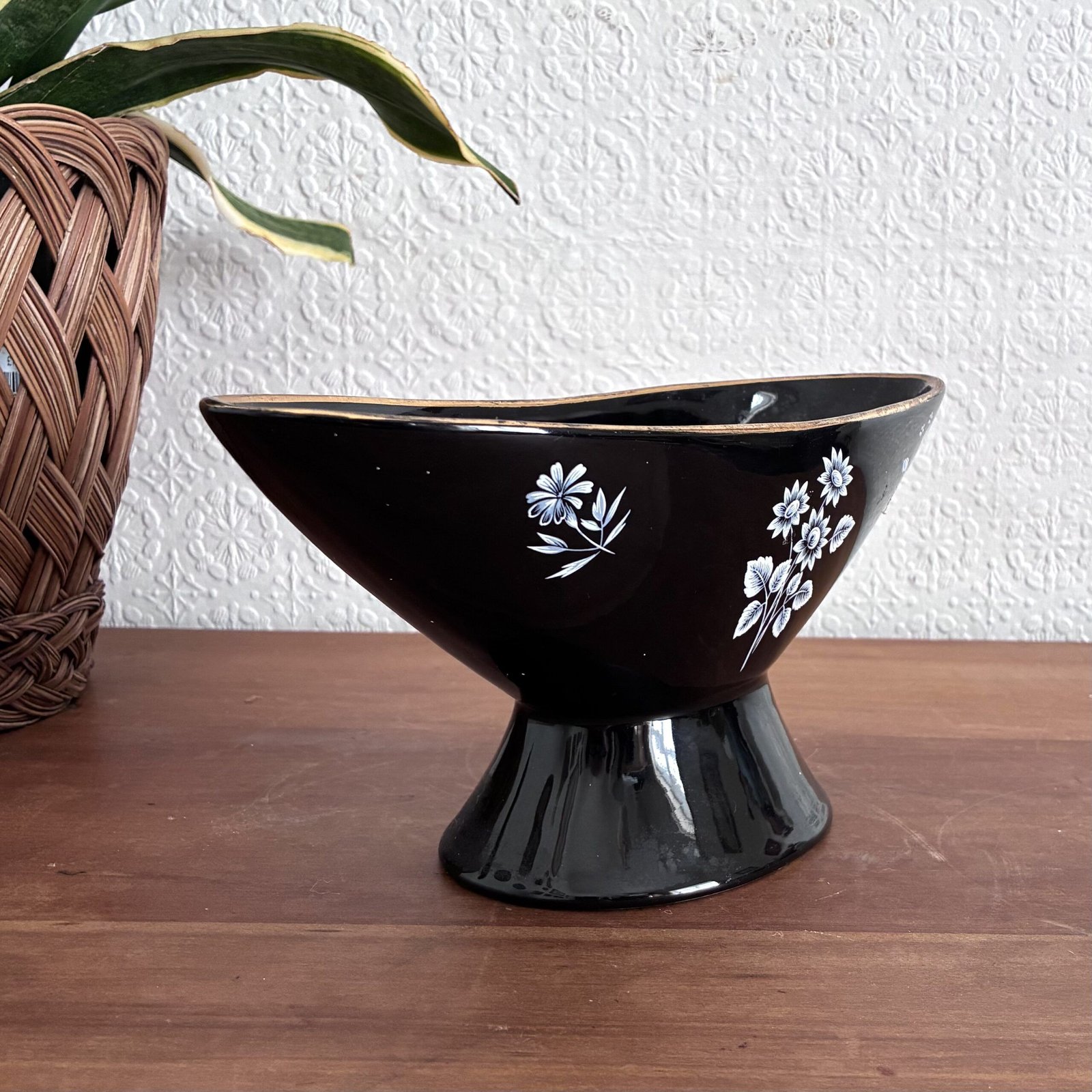 Vintage Wade Black & White Floral Pedestal Planter Posy Bowl 50s - Image 4