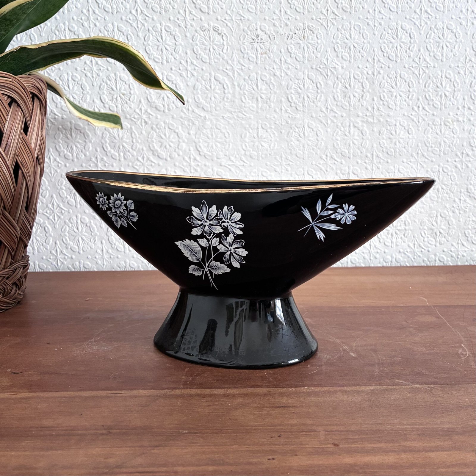 Vintage Wade Black & White Floral Pedestal Planter Posy Bowl 50s - Image 3