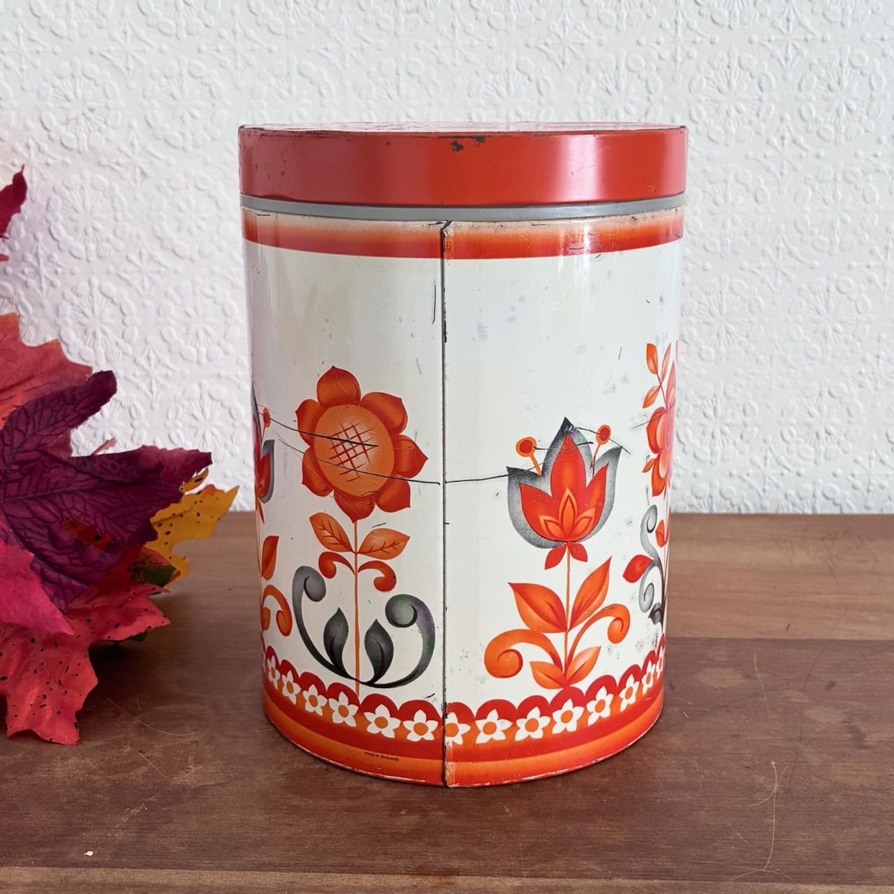 Vintage Worcester Ware Tudor Orange Floral Tin Canister 1970s - Image 3