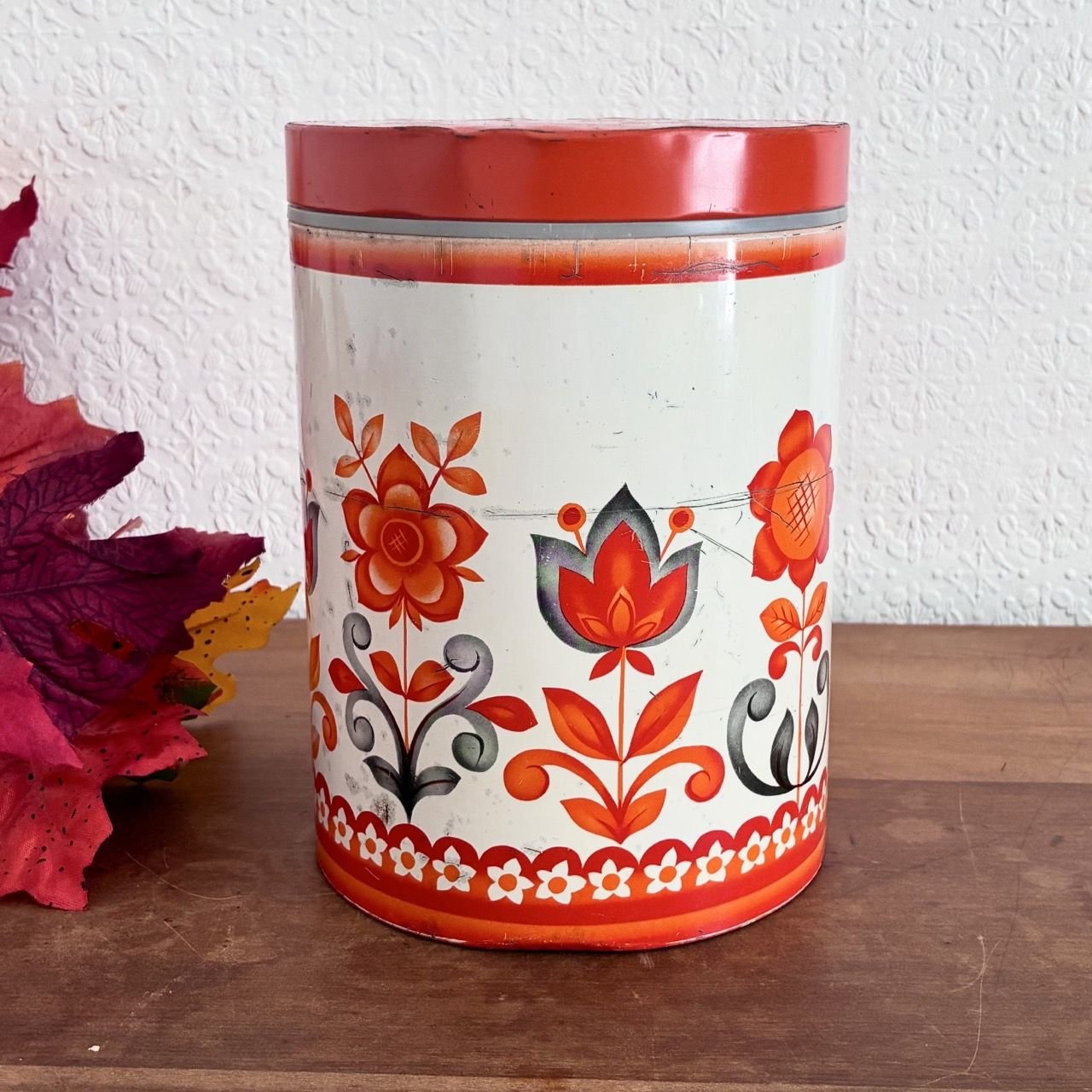 Vintage Worcester Ware Tudor Orange Floral Tin Canister 1970s Image