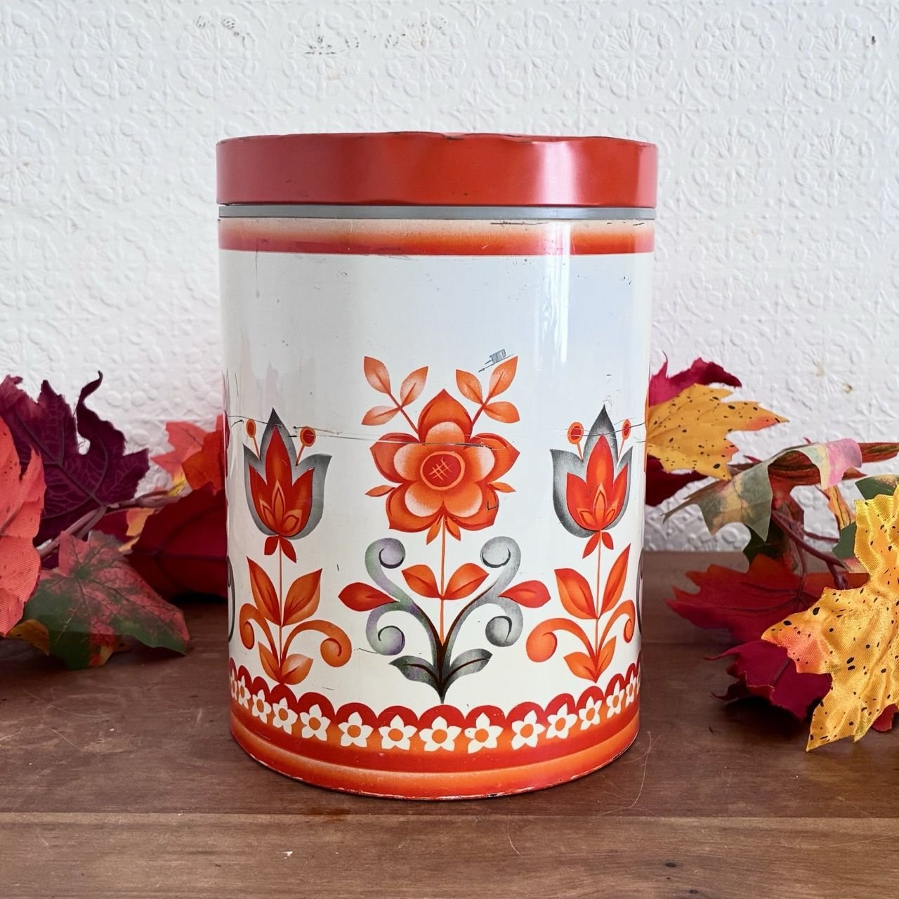 Vintage Worcester Ware Tudor Orange Floral Tin Canister 1970s Image
