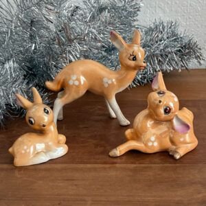 Vintage Lusterware Ceramic Fawn Deer Figurines Set 1970s Image