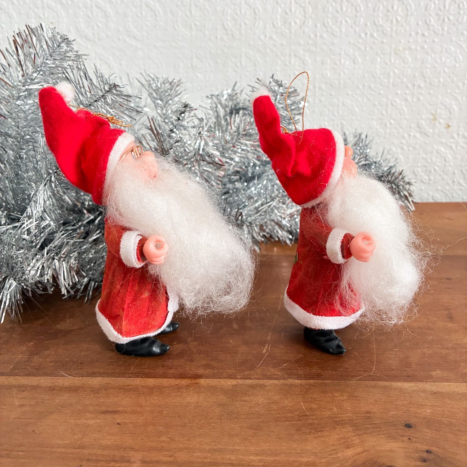 Vintage Flock Santa Gnome Tree Ornaments Pair 1980s - Image 2