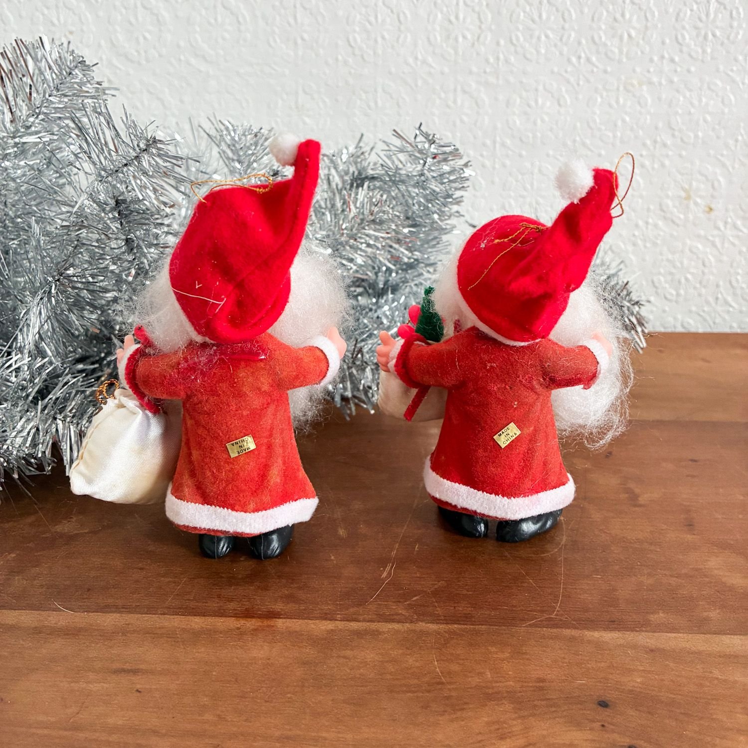 Vintage Flock Santa Gnome Tree Ornaments Pair 1980s - Image 3