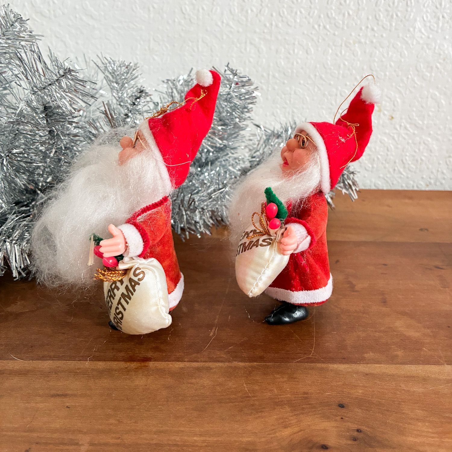 Vintage Flock Santa Gnome Tree Ornaments Pair 1980s - Image 4