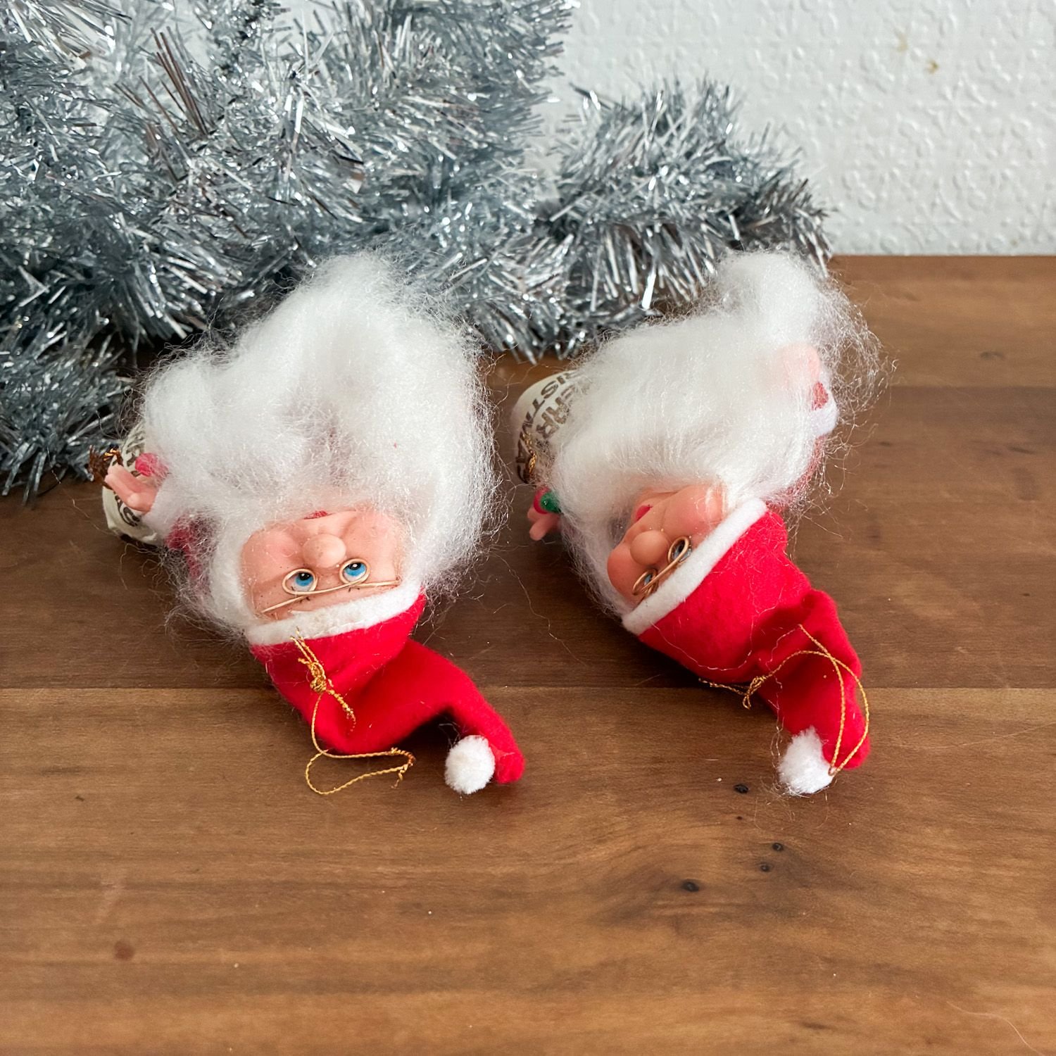 Vintage Flock Santa Gnome Tree Ornaments Pair 1980s - Image 5